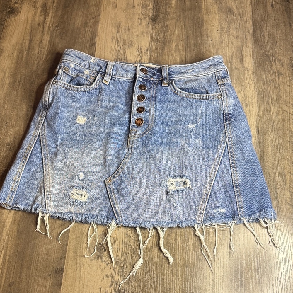We The Free Light Blue Distressed Denim Mini Skirt